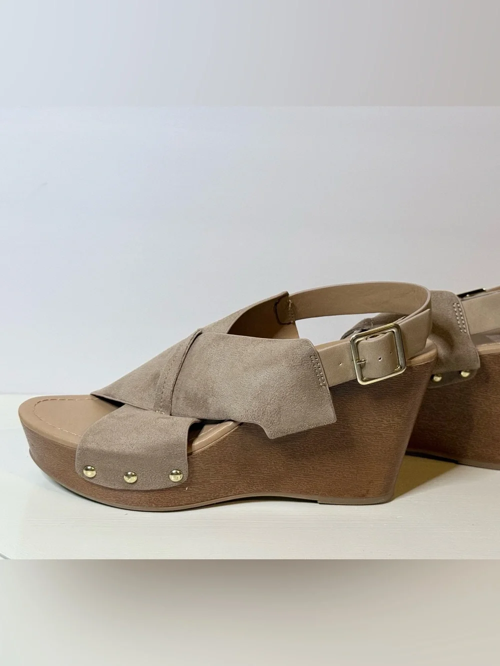 Cityclassified Boho Taupe Suede Knotted Wedge Buckle Slingback Sandals Size 9